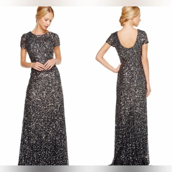 Adrianna Papell Charcoal Silver Scoop Back Sequin Gown Dress Size 6 - Picture 1 of 7